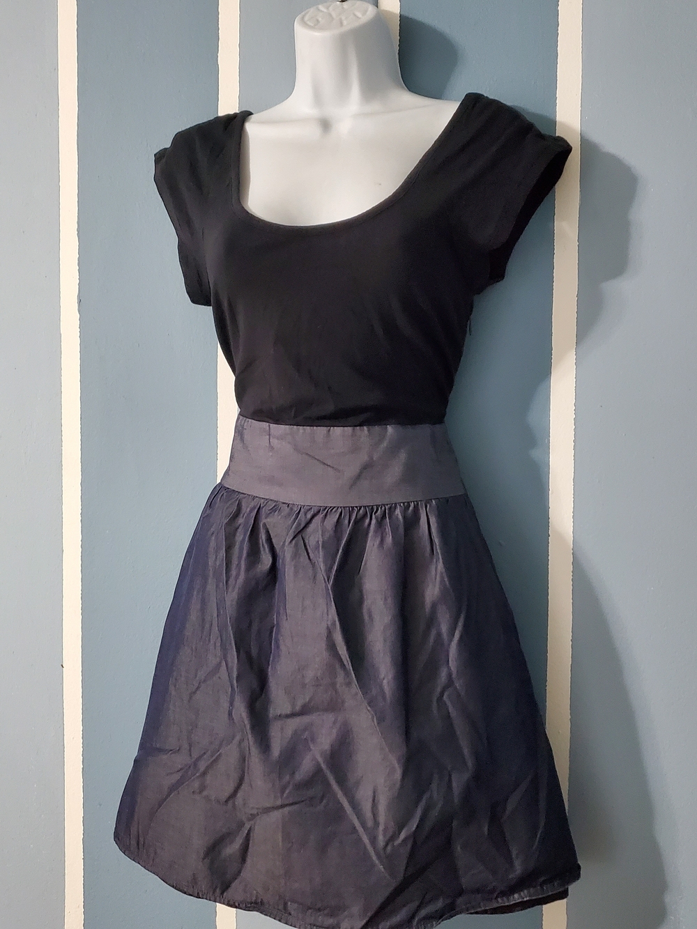Express Black Scoop-Neck Top with Built In Navy A-Line Skirt